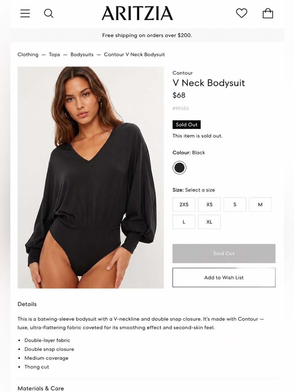 Aritzia Black V-Neck Batwing Bodysuit